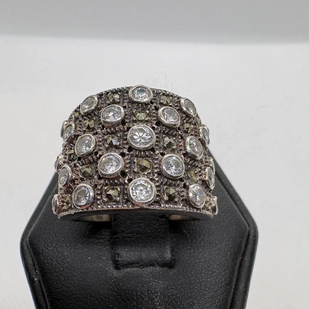 Victoria Townsend DBJ Sterling Silver 925 CZ Marcasite Vintage Wide Band Ring 7